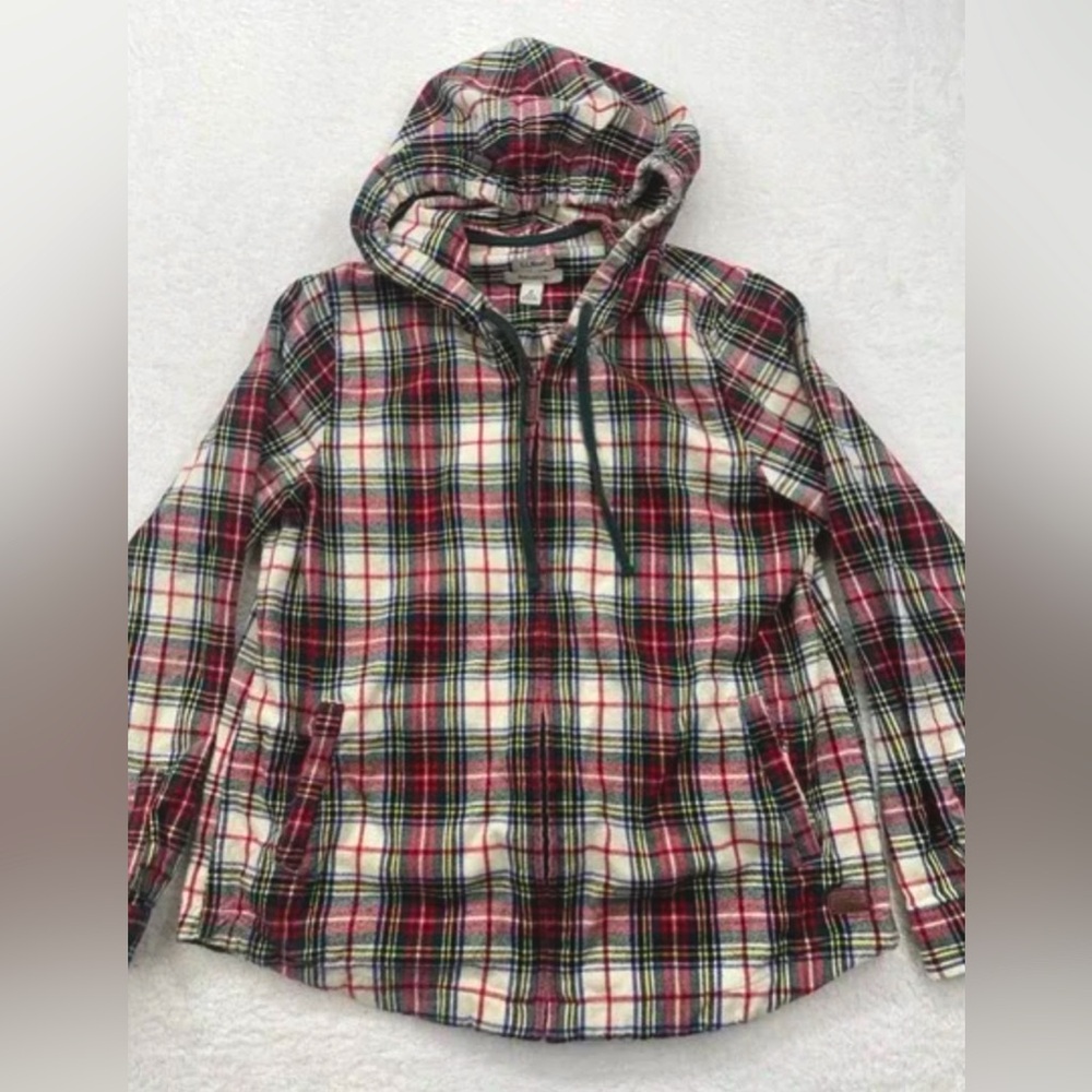 LL Bean Women's Large Plaid Flannel Zip Front Hoodie Relaxed Fit Jacket